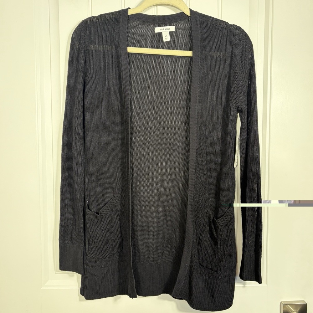 Nine West Black Open Front‎ Knit Cardigan Sweater Long Sleeve Pockets XS